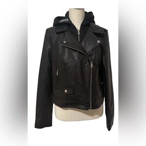 Guess Black Faux Leather Moto Jacket w/ Fleece Hoodie Small, Super Cute!